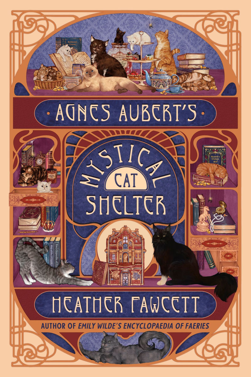 Book cover of 'Agnes Aubert's Mystical Cat Shelter' by Heather Fawcett with cats and books on a decorative background.