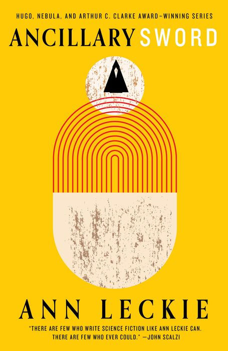 Book cover of 'Ancillary Sword' by Ann Leckie with a yellow background and geometric design.