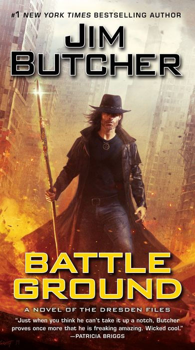 Book cover of 'Battle Ground' by Jim Butcher featuring a character holding a staff.