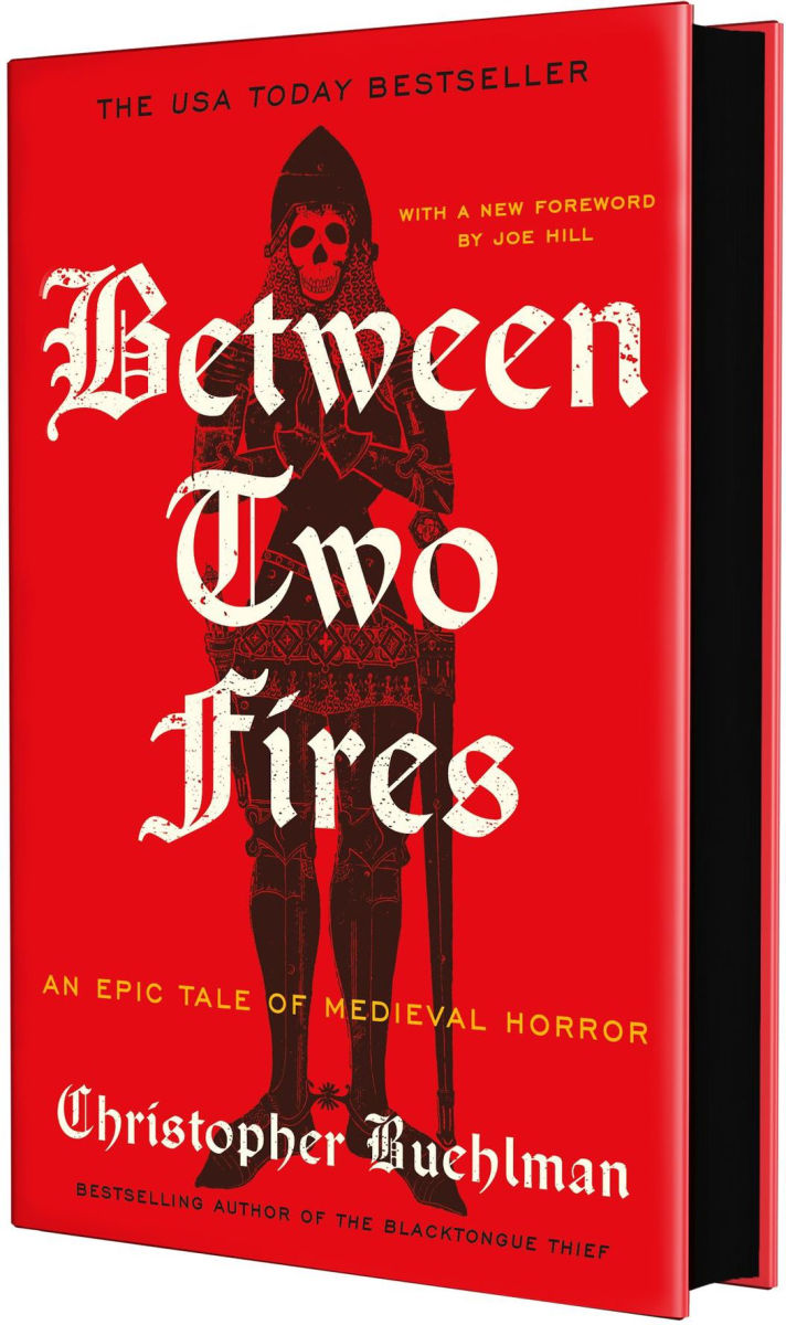 Book cover of 'Between Two Fires' with a red background and silhouette design.