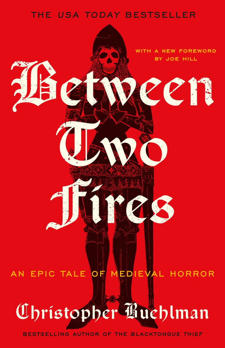 Book cover of 'Between Two Fires' with a red background and central figure.