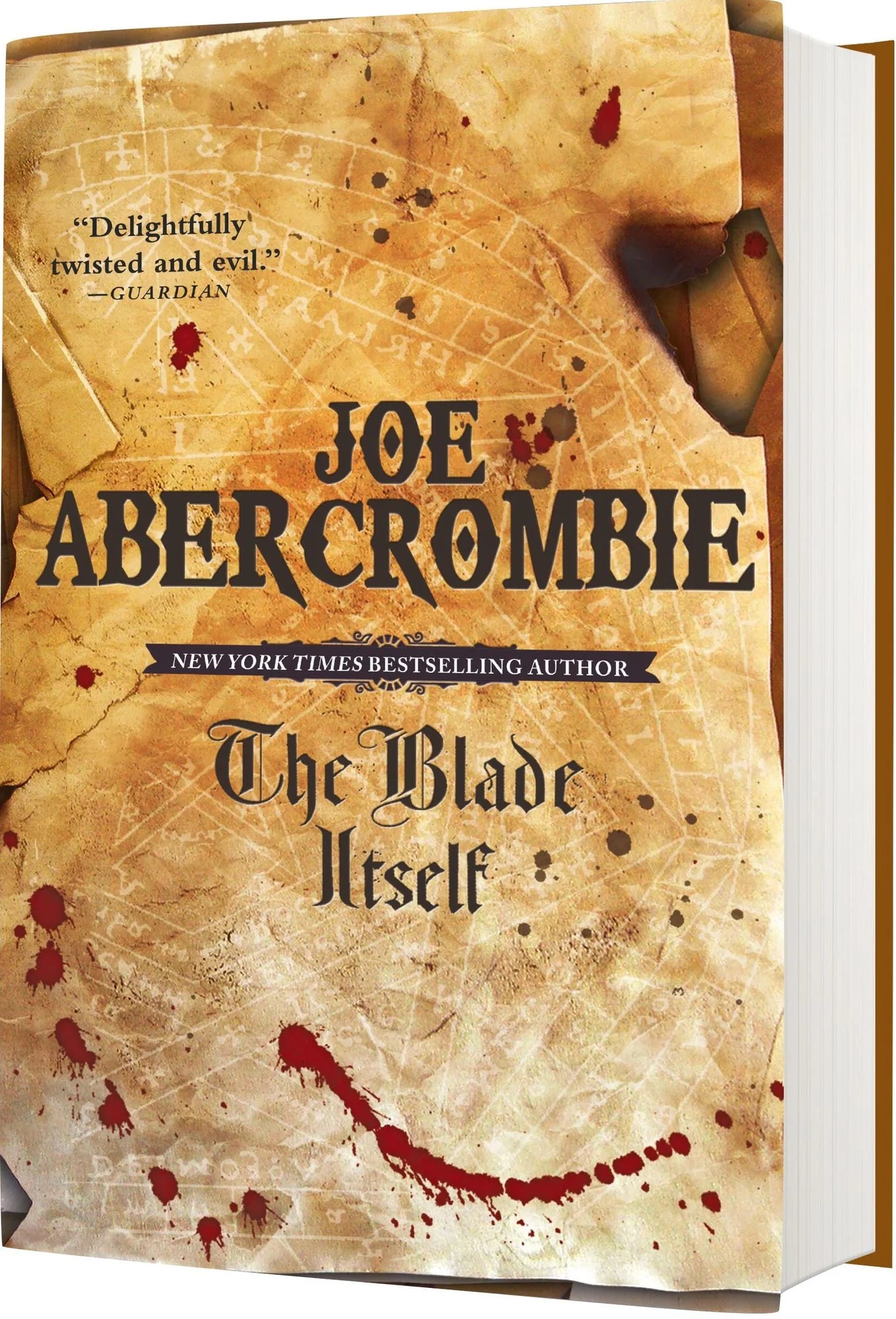 Book cover for 'The Blade Itself' by Joe Abercrombie, featuring a distressed beige parchment background with red blood splatters and black gothic typography, shown as a 3D book mockup against a white background.