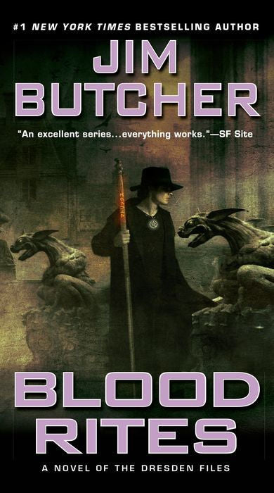 Book cover of 'Blood Rites' by Jim Butcher featuring a character with a staff and creatures.