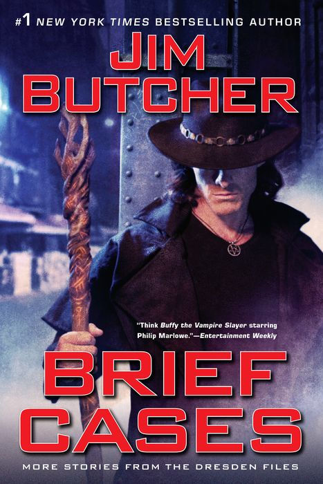 Book cover of 'Brief Cases' by Jim Butcher featuring a character with a staff.