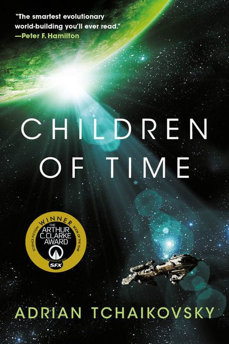 Book cover of 'Children of Time' by Adrian Tchaikovsky with space-themed design and award badge.