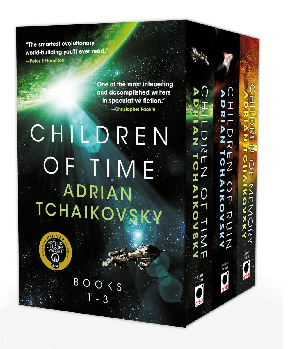 Box set of 'Children of Time' books by Adrian Tchaikovsky with space-themed design.