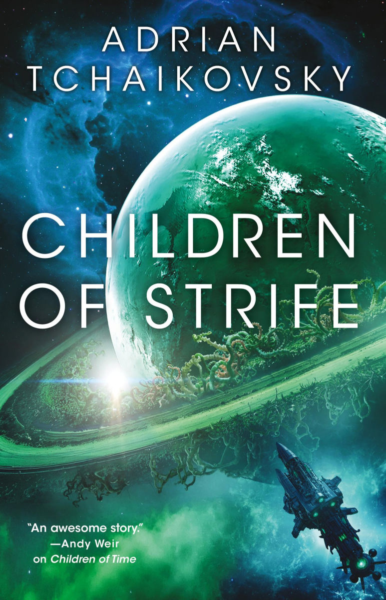 Book cover of 'Children of Strife' by Adrian Tchaikovsky with a space-themed design.