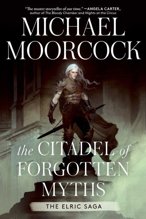 Book cover of 'The Citadel of Forgotten Myths' by Michael Moorcock featuring a warrior on steps.