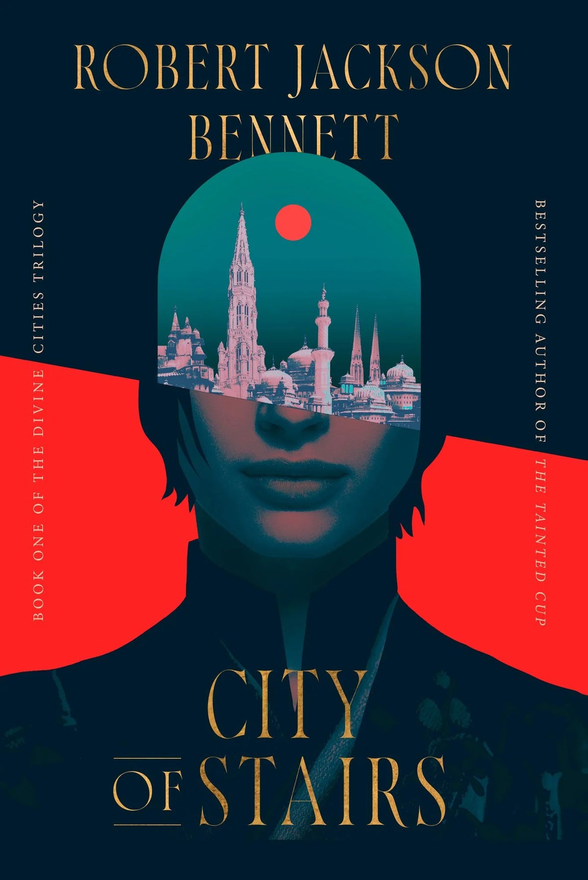 Book cover of 'City of Stairs' by Robert Jackson Bennett with a stylized face and cityscape.