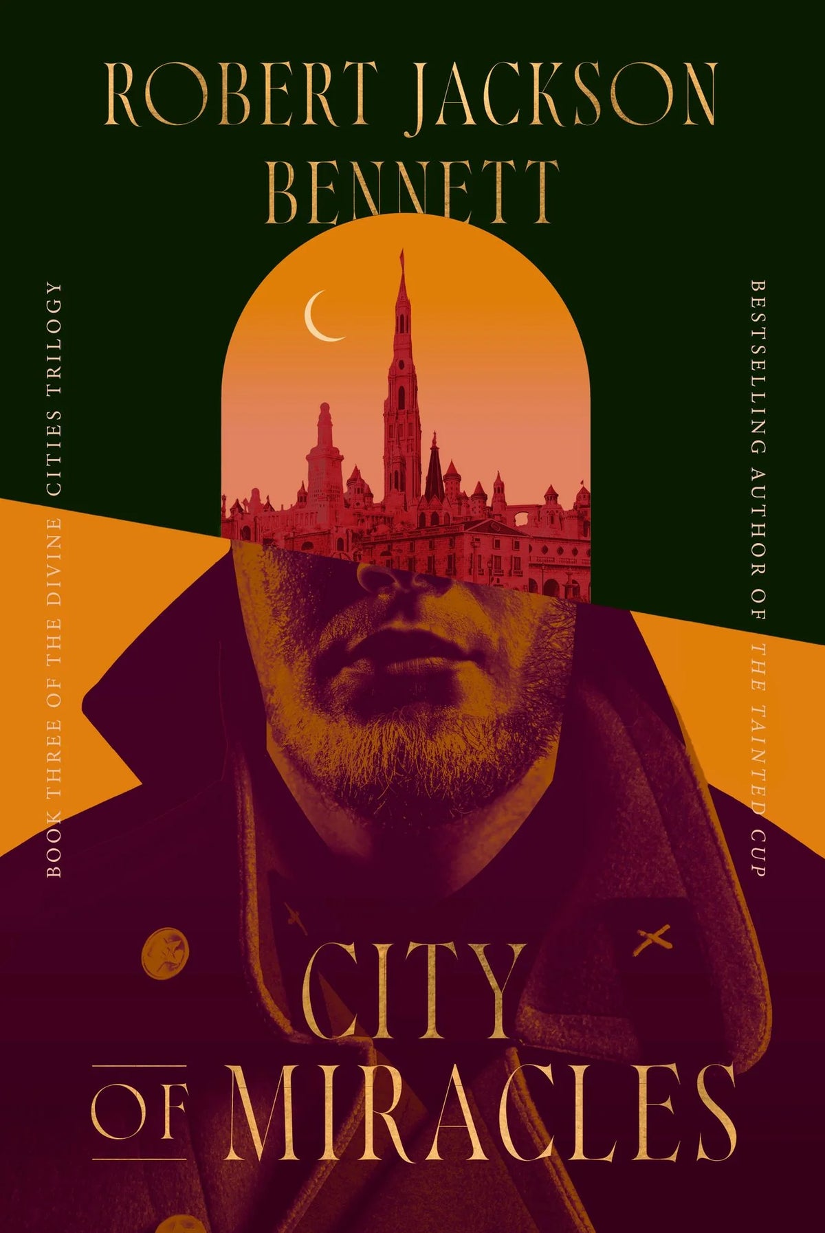 Book cover of 'City of Miracles' by Robert Jackson Bennett with a silhouette of a man and a cityscape.