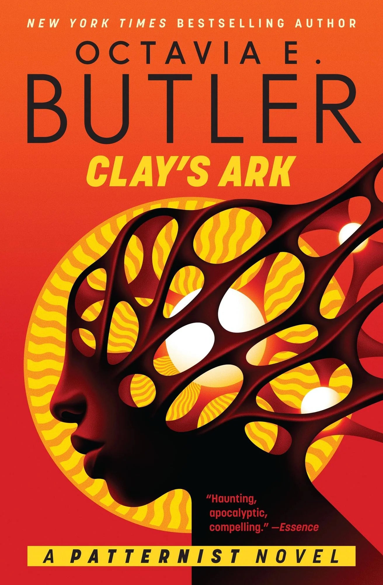 Book cover of 'Clay's Ark' by Octavia E. Butler with a stylized illustration of a face and tree on an orange background.