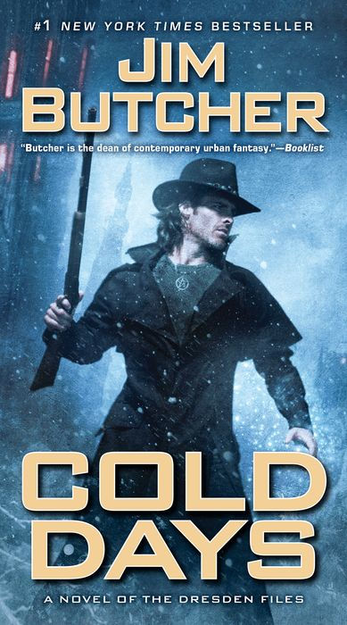 Book cover of 'Cold Days' by Jim Butcher featuring a character holding a sword in a snowy setting.