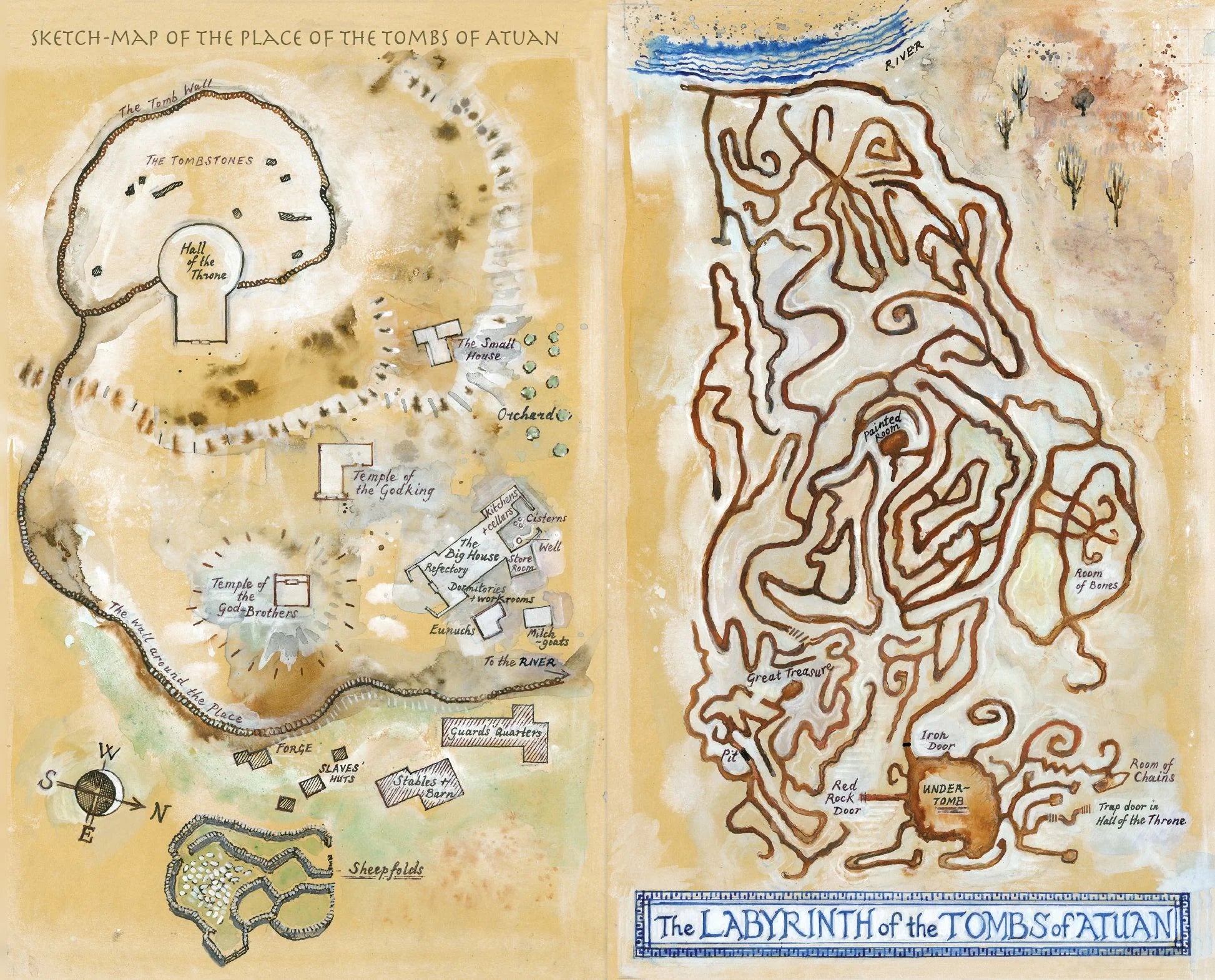Map of the Tombs of Atuan with a labyrinth design on a textured beige background.
