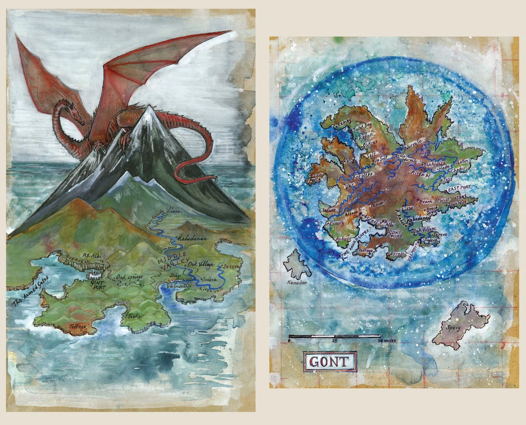 Two maps of a fantasy world with dragons and mountains, one labeled 'Gont'.