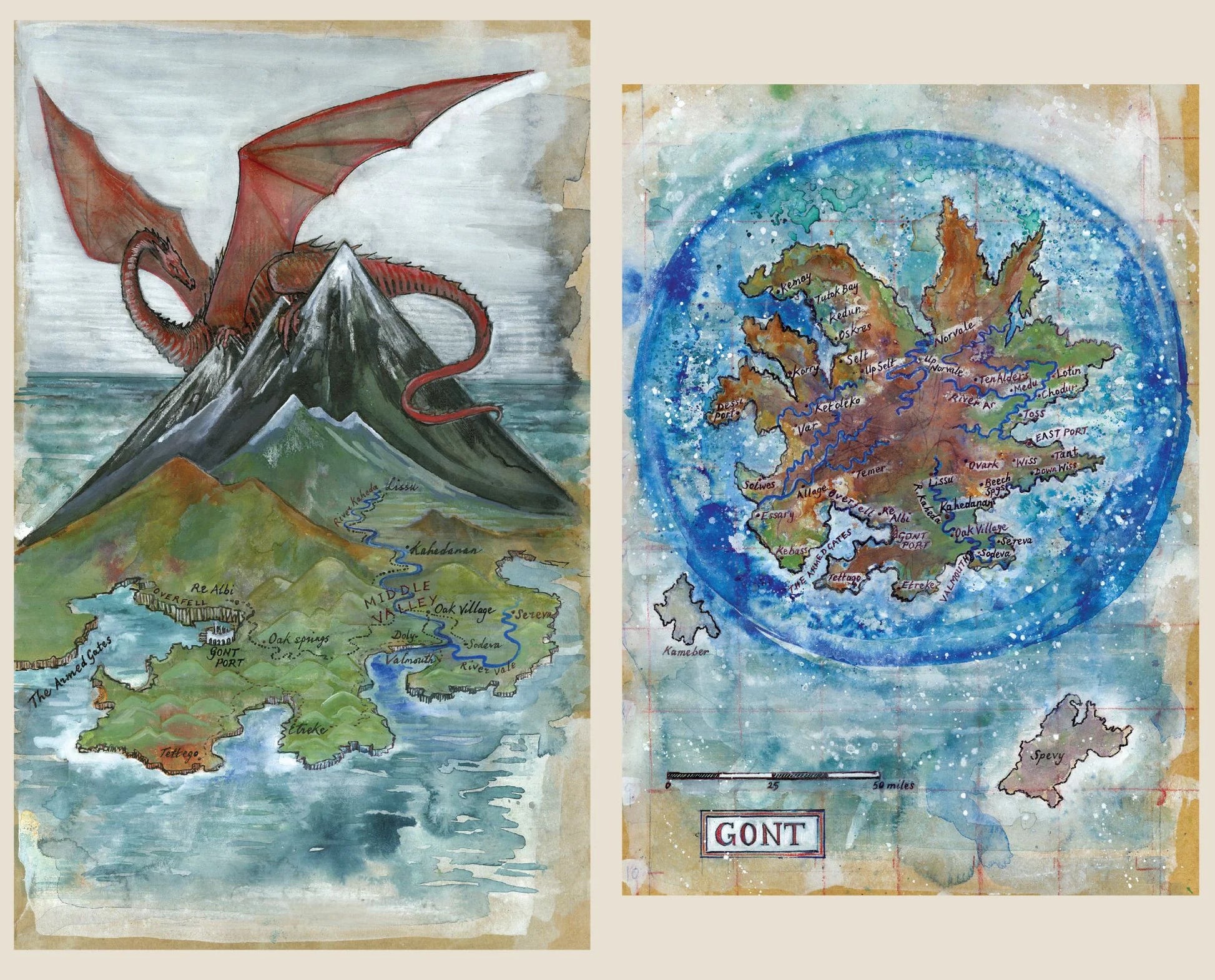 Two maps of a fantasy world with dragons and mountains, one labeled 'Gont'.