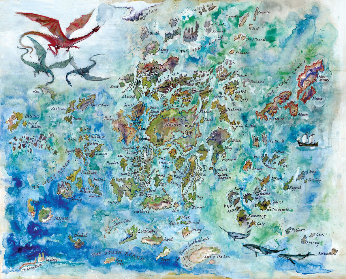 Fantasy map with dragons and ships, colored in watercolor style.