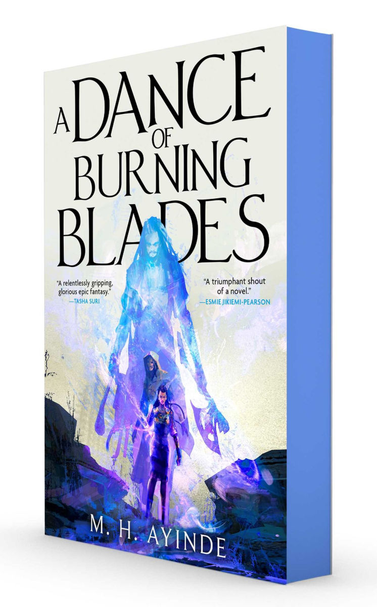 Book cover of 'A Dance of Burning Blades' with a blue and white design.