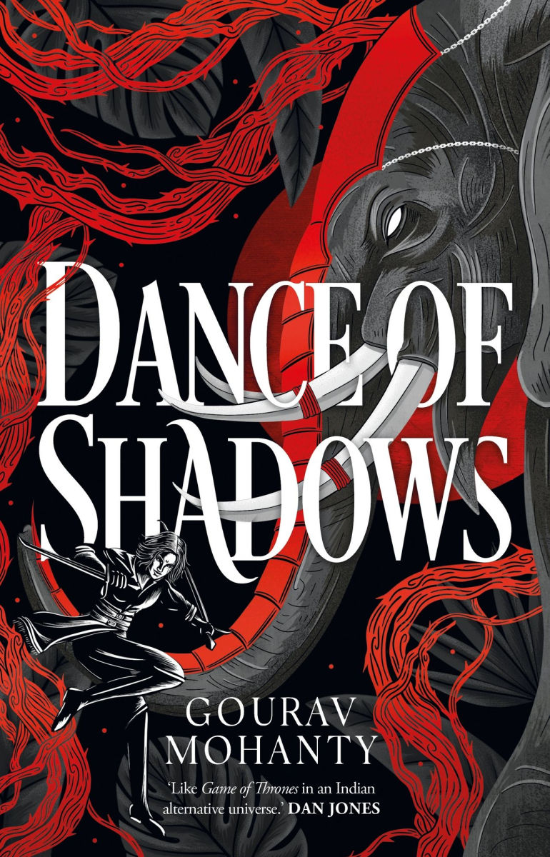 Book cover of 'Dance of Shadows' with a dragon and warrior design.