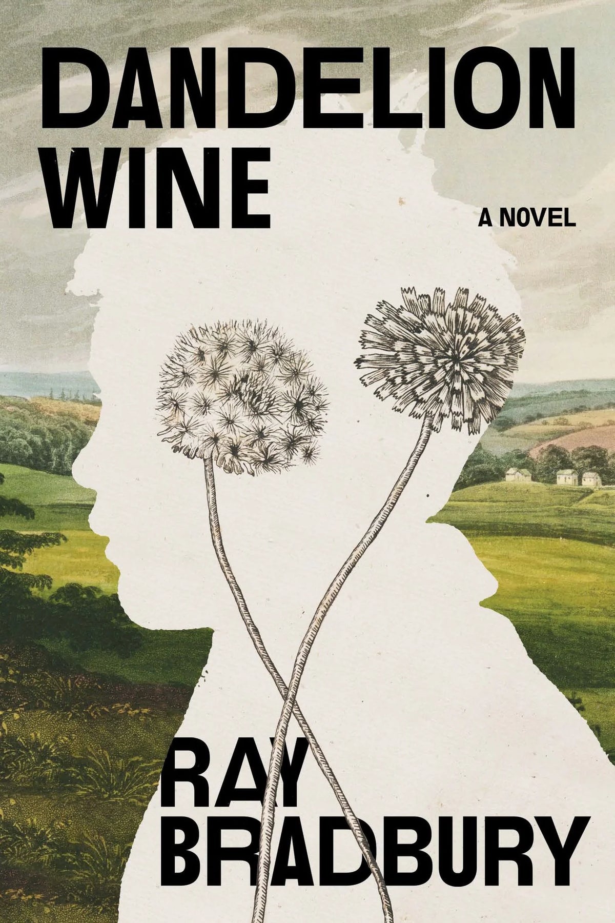 Book cover of 'Dandelion Wine' by Ray Bradbury with a silhouette of a person holding dandelions against a landscape.