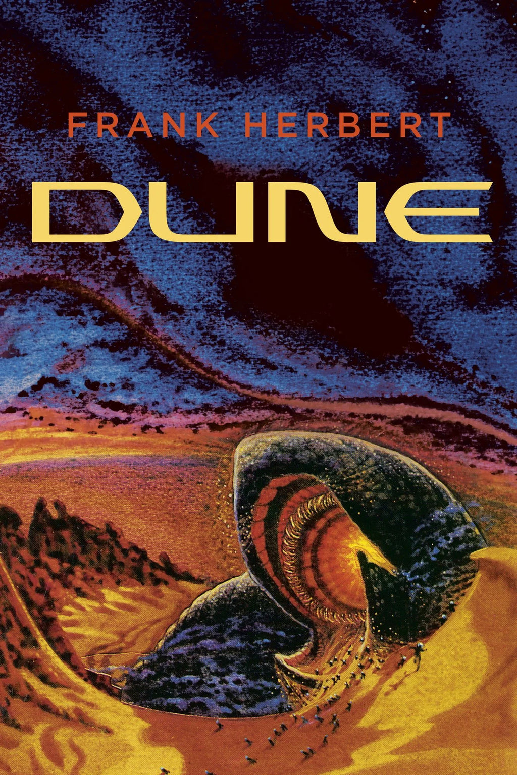 Book cover of 'Dune' by Frank Herbert with a desert scene and helmet.