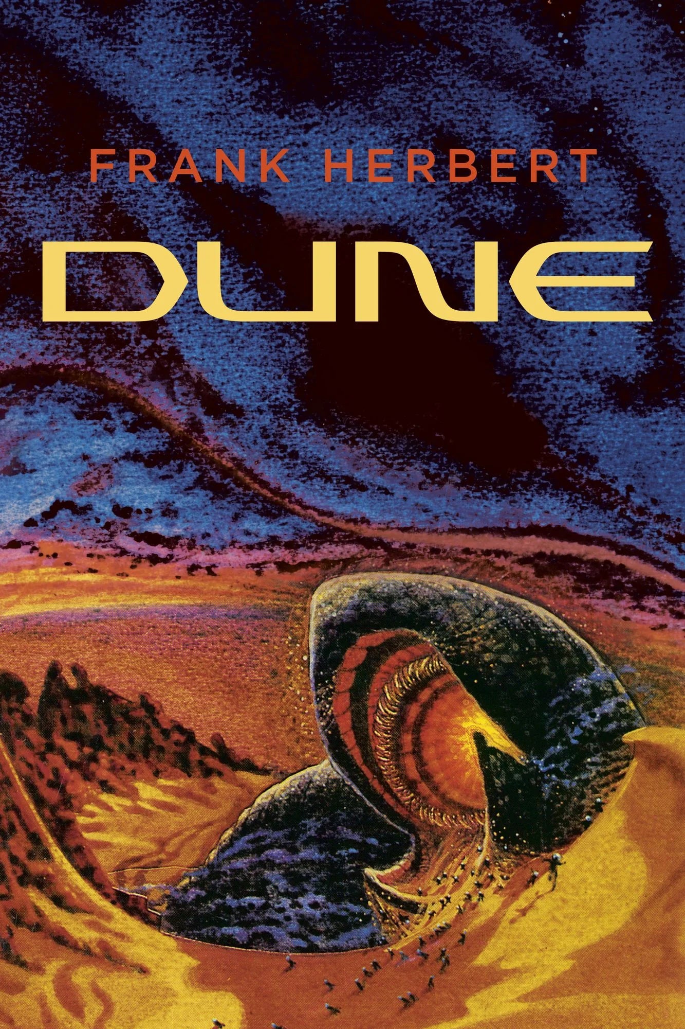 Book cover of 'Dune' by Frank Herbert with a desert scene and helmet.