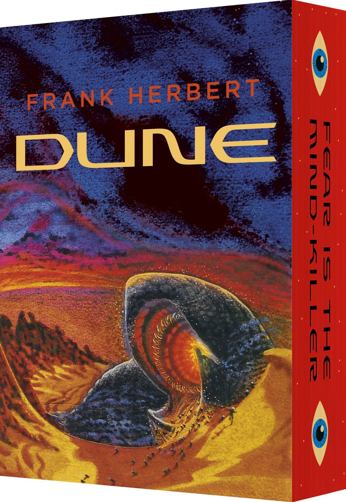Book cover of 'Dune' by Frank Herbert with desert landscape and character illustration.