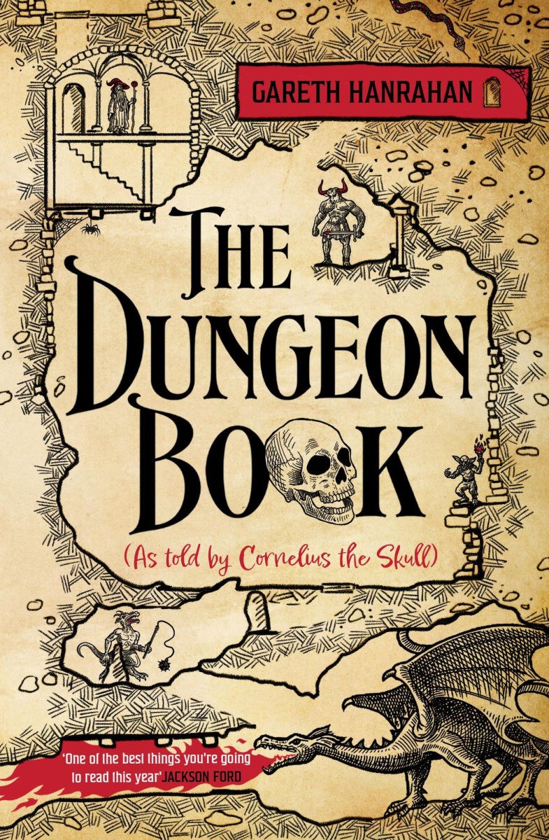 Book cover of 'The Dungeon Book' by Gareth Hanrahan with illustrations and text on a beige background