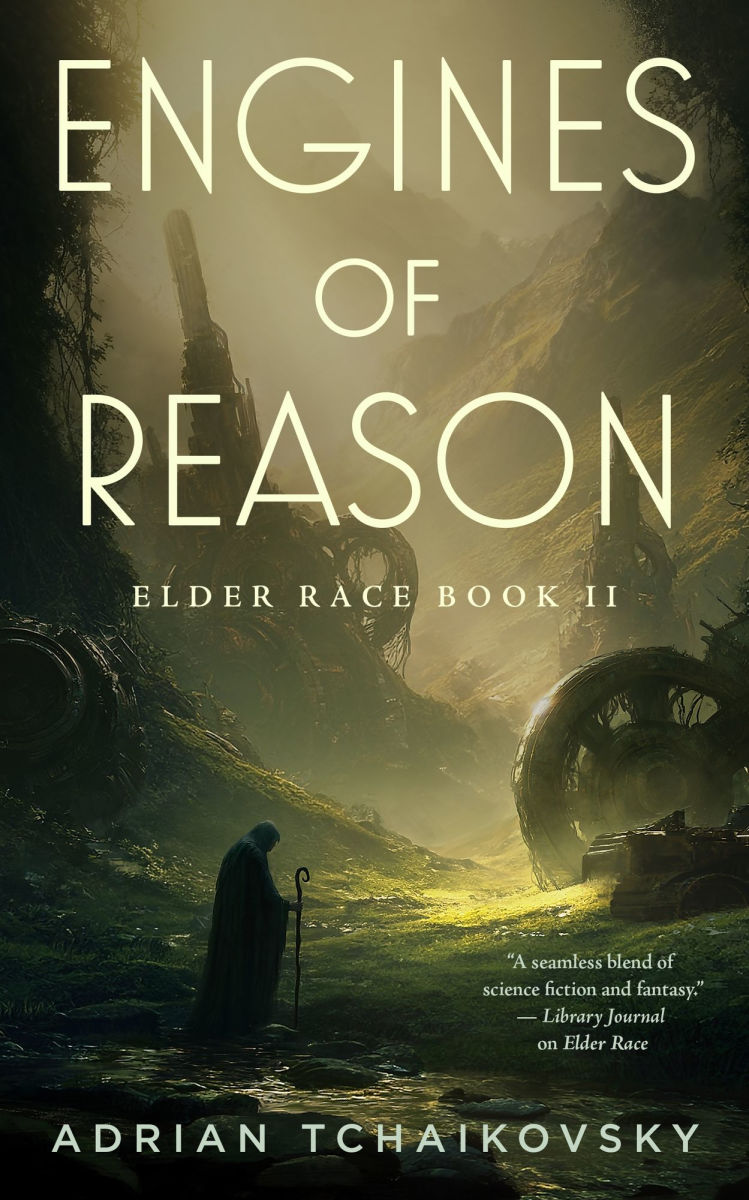 Book cover of 'Engines of Reason' by Adrian Tchaikovsky with a dark, fantasy-themed landscape.