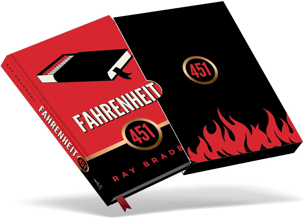 'Fahrenheit 451' by Ray Bradbury and its slipcase on a white background