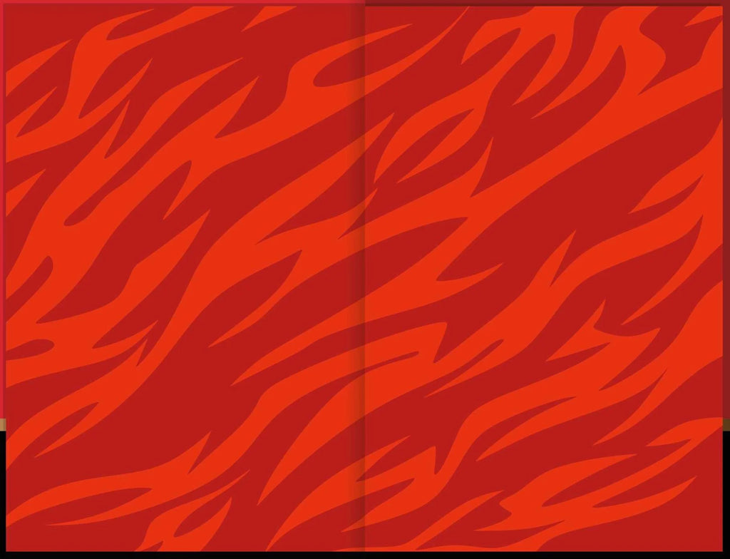 A red and orange abstract flame pattern filling a book's endpapers.