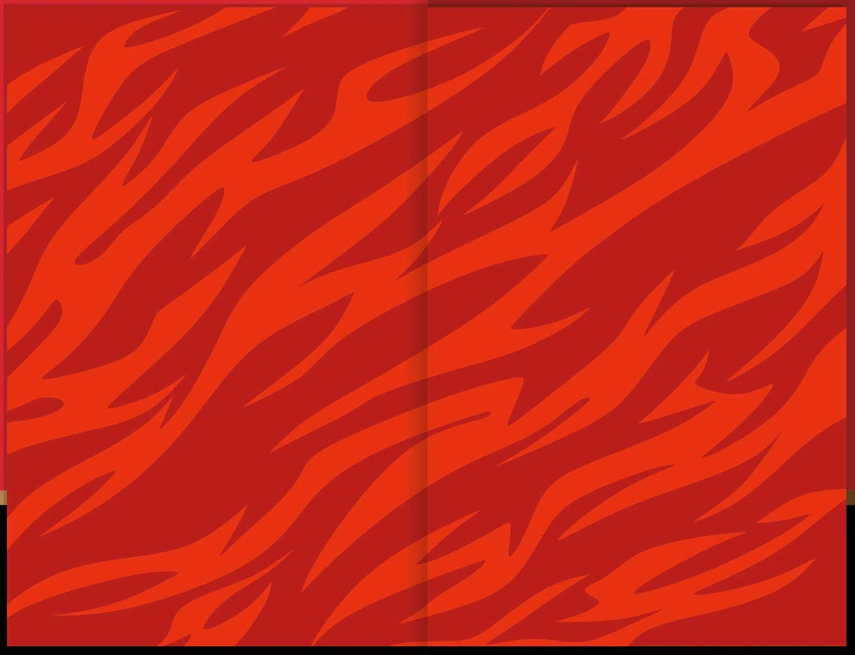A red and orange abstract flame pattern filling a book's endpapers.