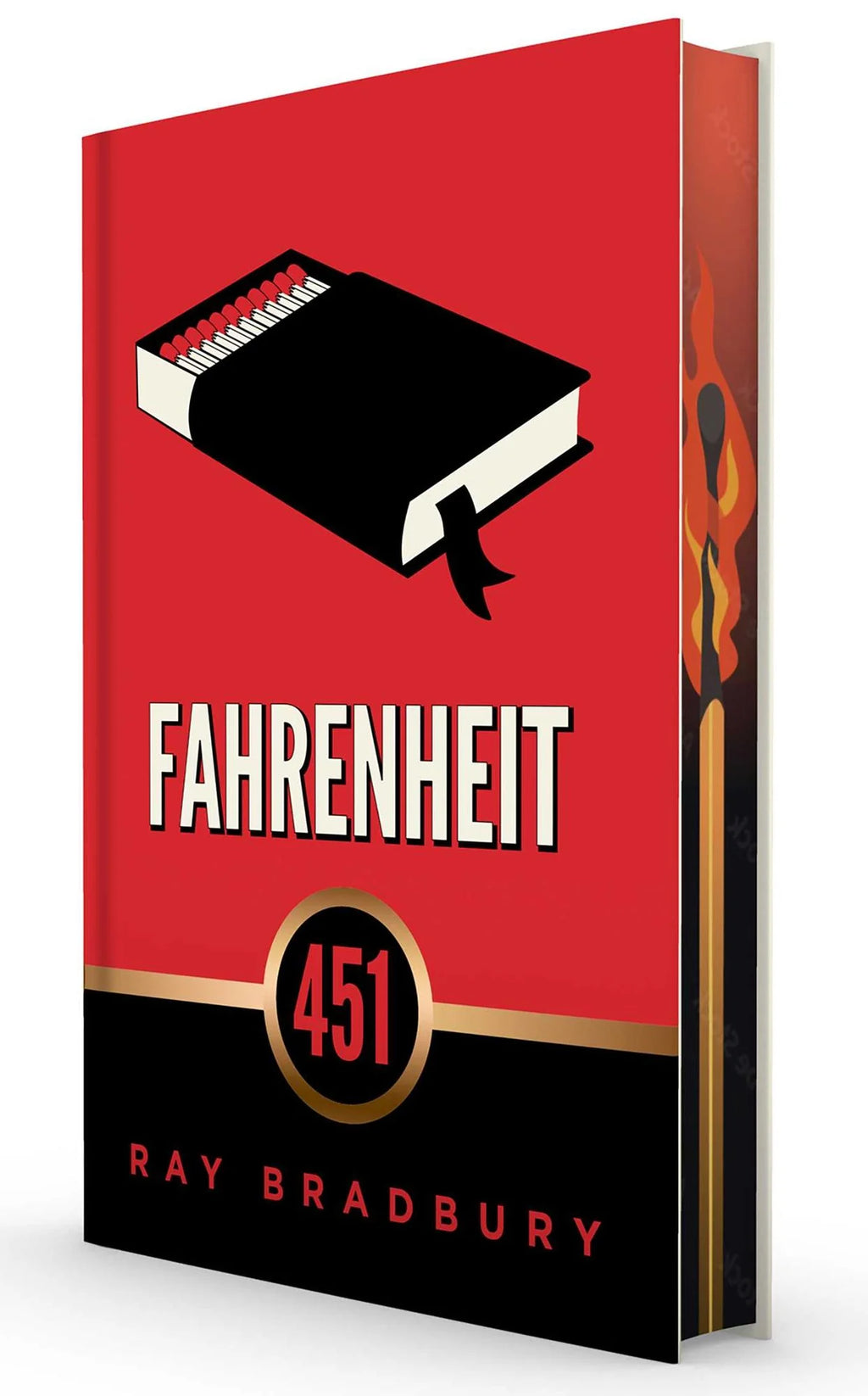 Book cover of 'Fahrenheit 451' by Ray Bradbury with a red, black, and white design.