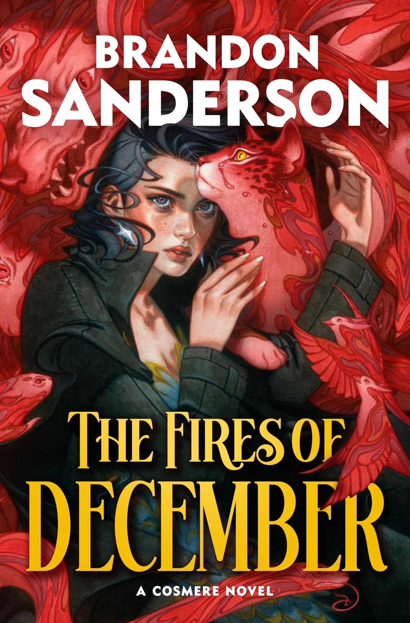Book cover of 'The Fires of December' by Brandon Sanderson featuring a woman with red animals.