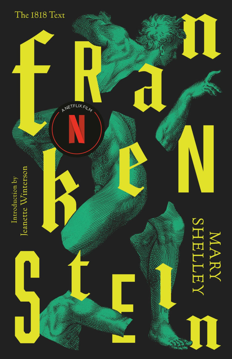Book cover of 'Frankenstein' by Mary Shelley with a Netflix logo.