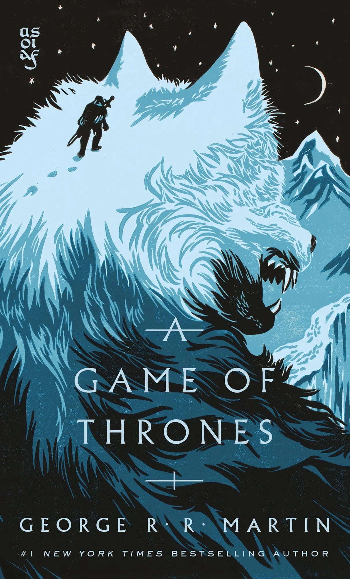 Book cover of 'A Game of Thrones' with a wolf and a person on a mountain.