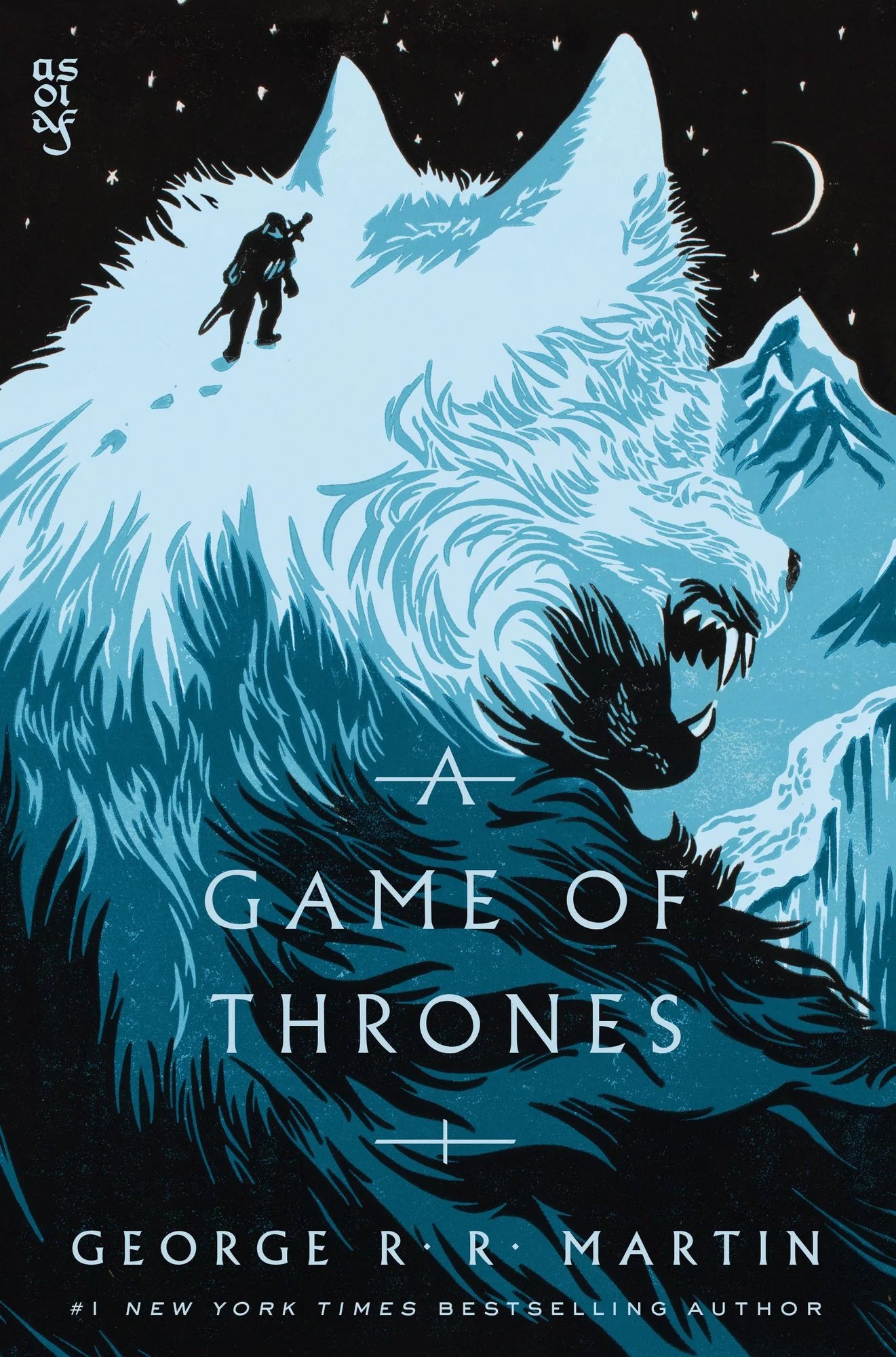 Book cover of 'A Game of Thrones' with a wolf and a person on a mountain.