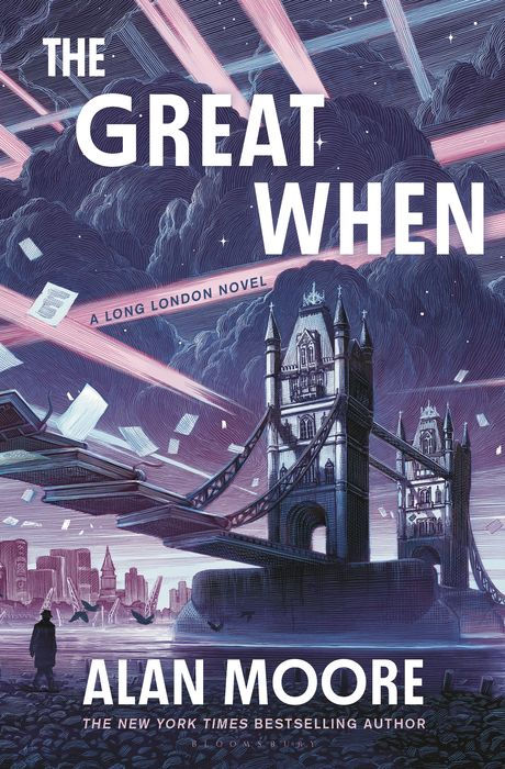 Book cover of 'The Great When' by Alan Moore featuring a futuristic cityscape with a bridge.