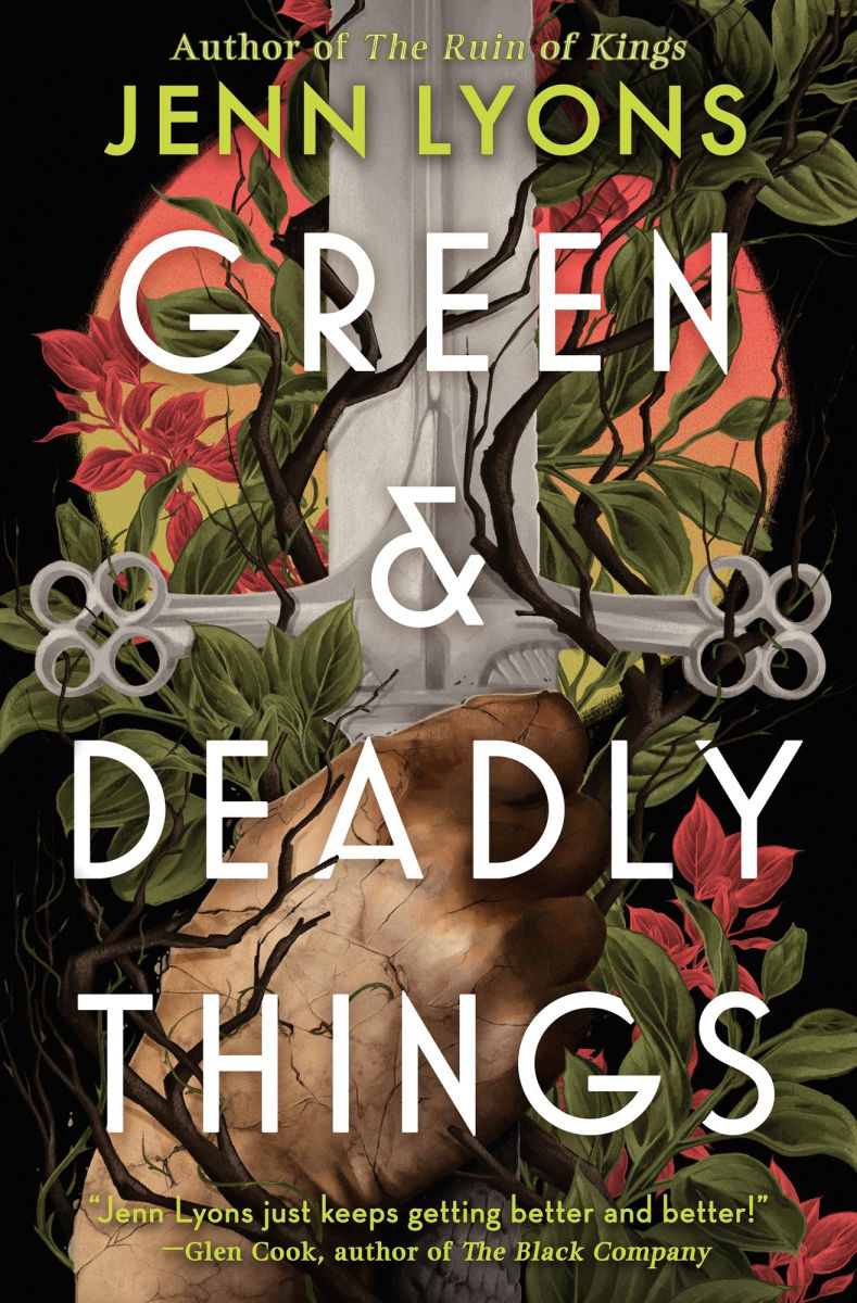 Book cover of 'Green & Deadly Things' by Jenn Lyons with floral and leaf design.