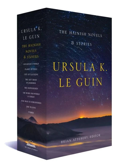 A boxed book set titled "The Hainish Novels & Stories" by Ursula K. Le Guin, shown at a slight angle on a white background.