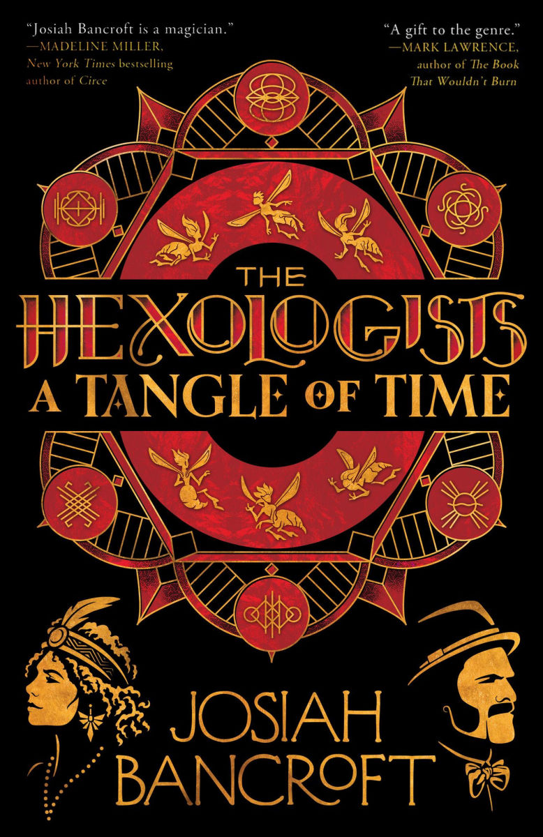 Book cover of 'A Tangle of Time' by Josiah Bancroft with decorative elements and text.