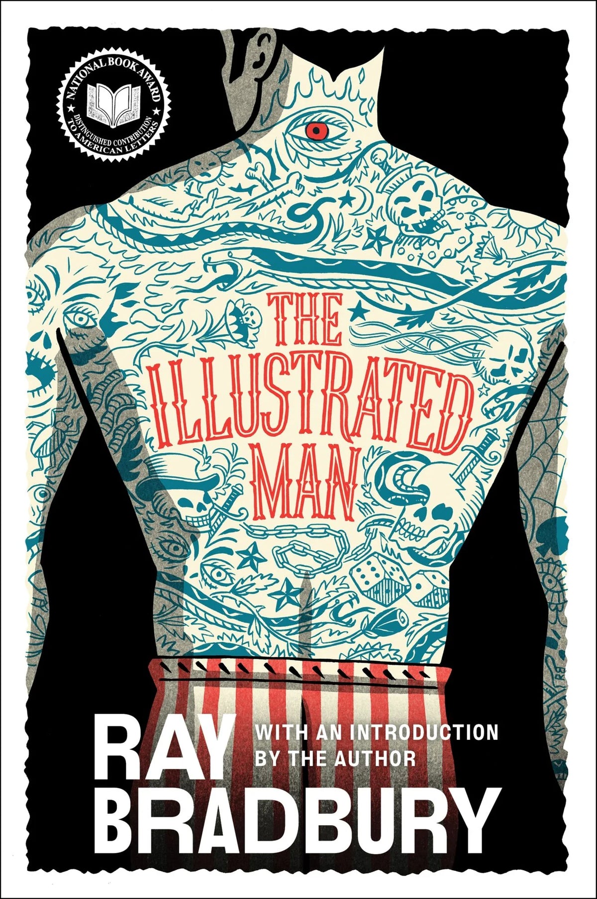 Book cover of 'The Illustrated Man' by Ray Bradbury featuring a tattooed torso design.