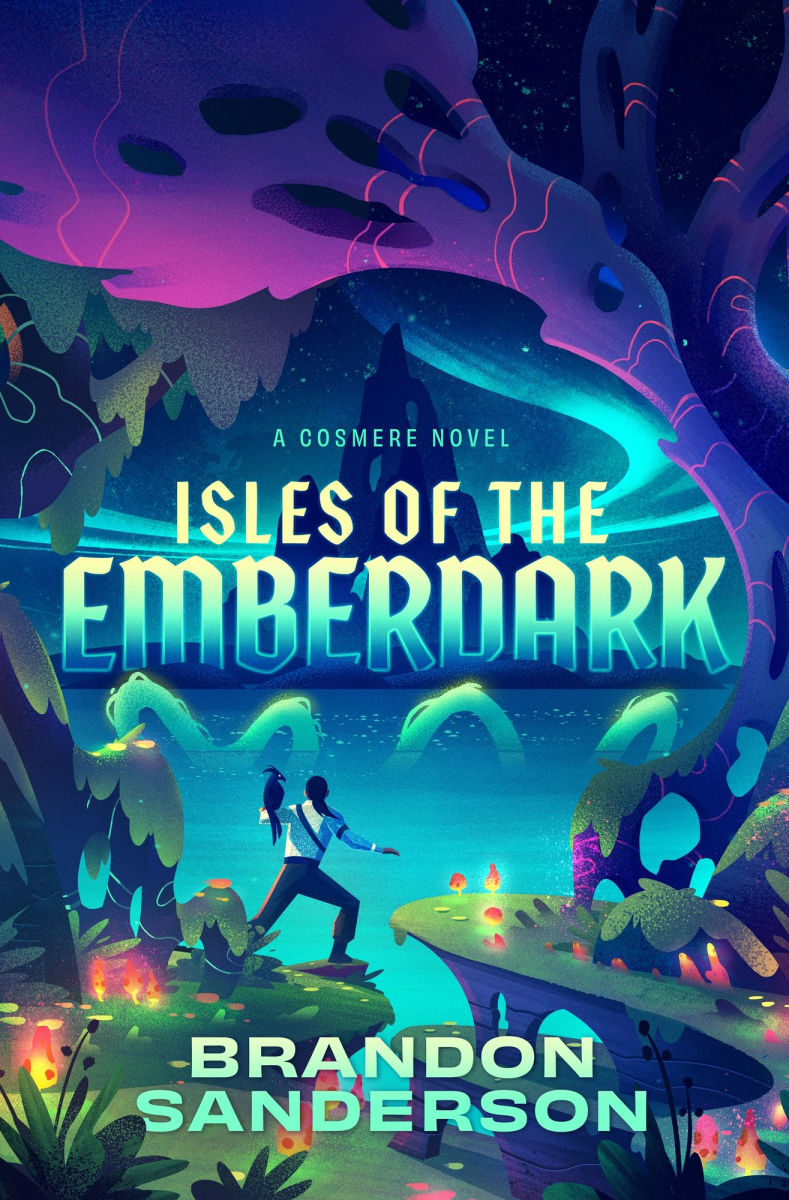 Book cover of 'Isles of the Emberdark' by Brandon Sanderson with a fantasy landscape.