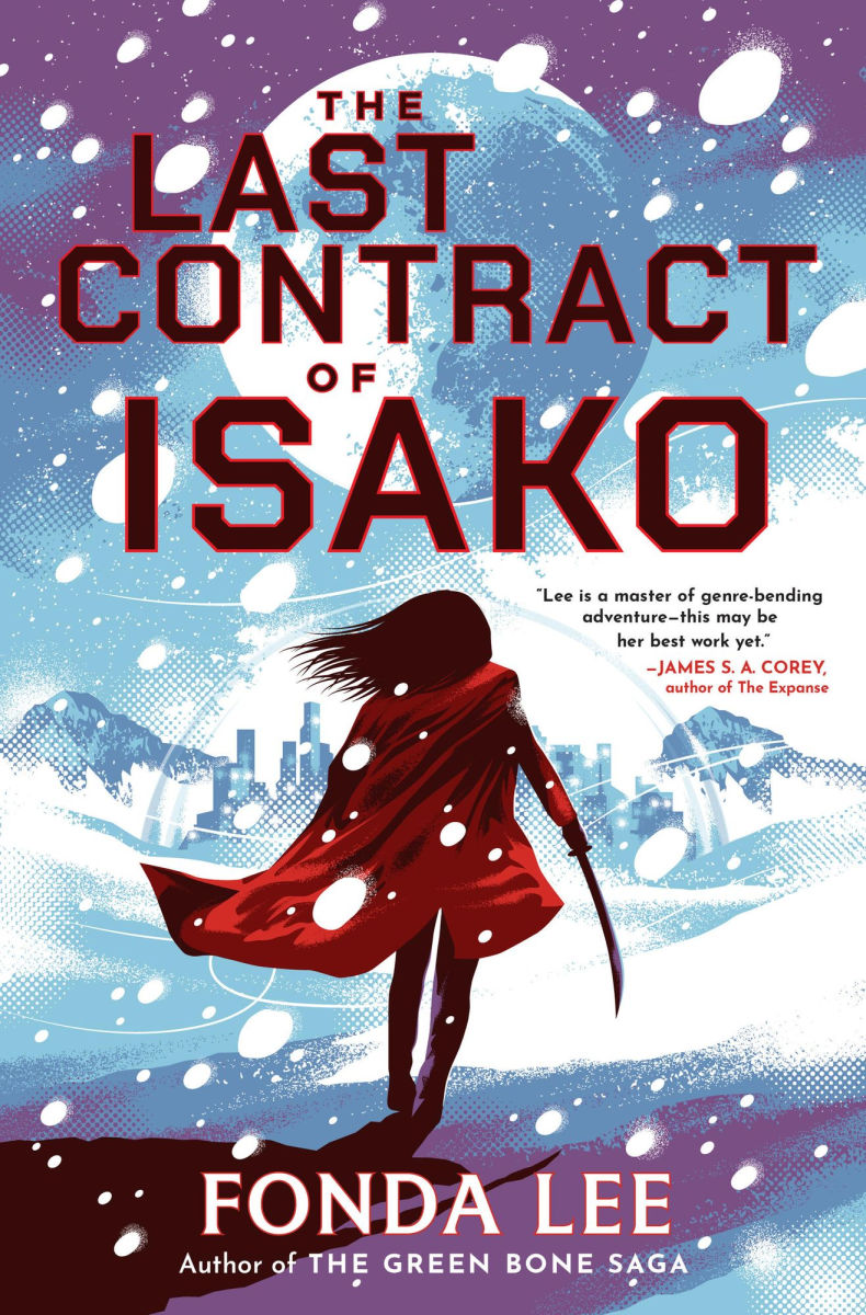 Book cover of 'The Last Contract of Isako' by Fonda Lee with a silhouette of a person in a red coat against a snowy background.