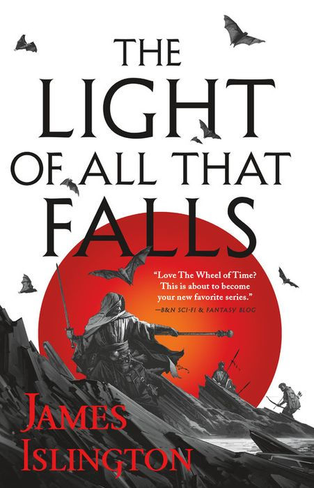 Book cover of 'The Light of All That Falls' by James Islington with a red sun and silhouette of a person on a mountain.