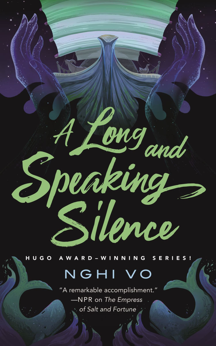 Book cover of 'A Long and Speaking Silence' by Nghi Vo with a stylized face and hands design.