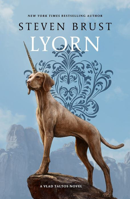 Book cover of 'Lyorn' by Steven Brust featuring a dog with a unicorn horn against a blue sky.