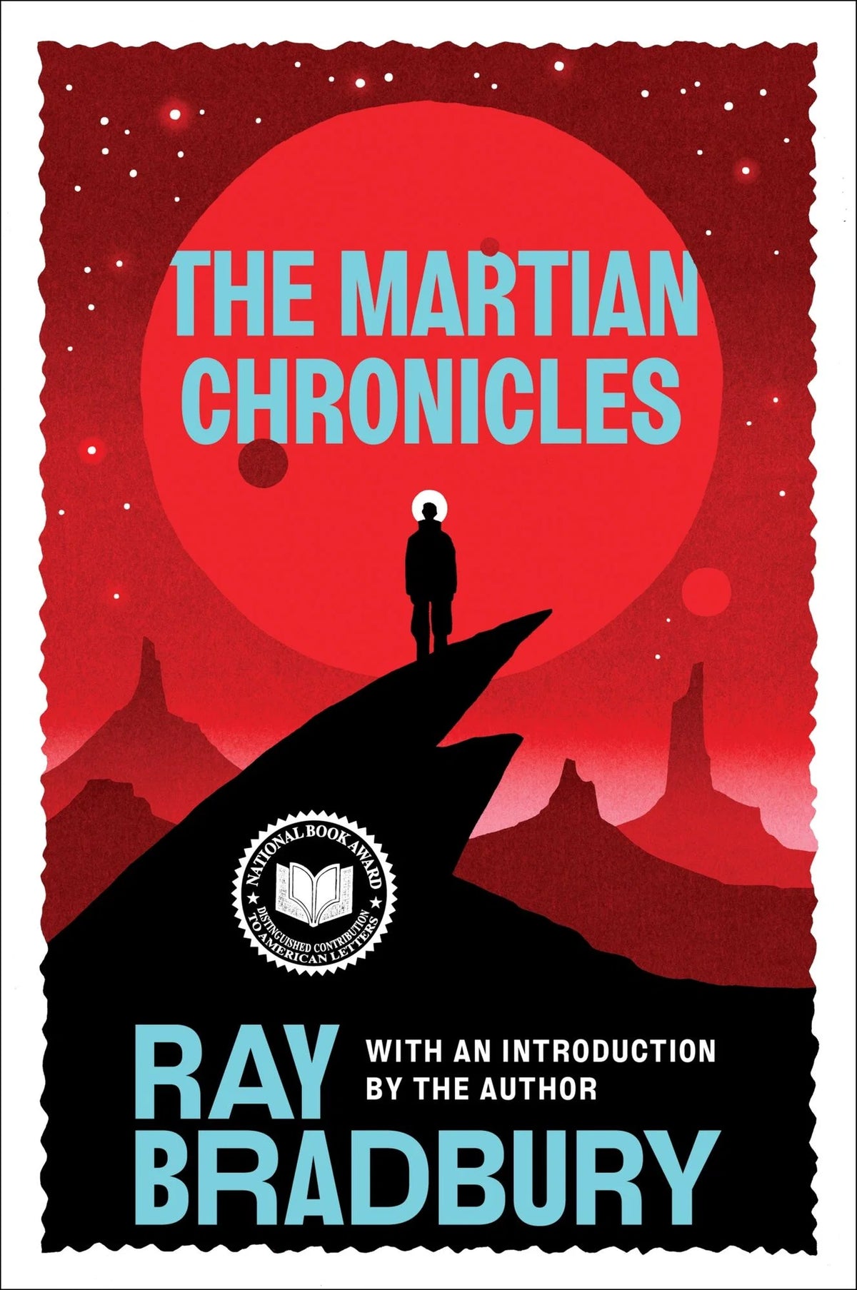 Book cover of 'The Martian Chronicles' by Ray Bradbury with a red sun and silhouette on a mountain.