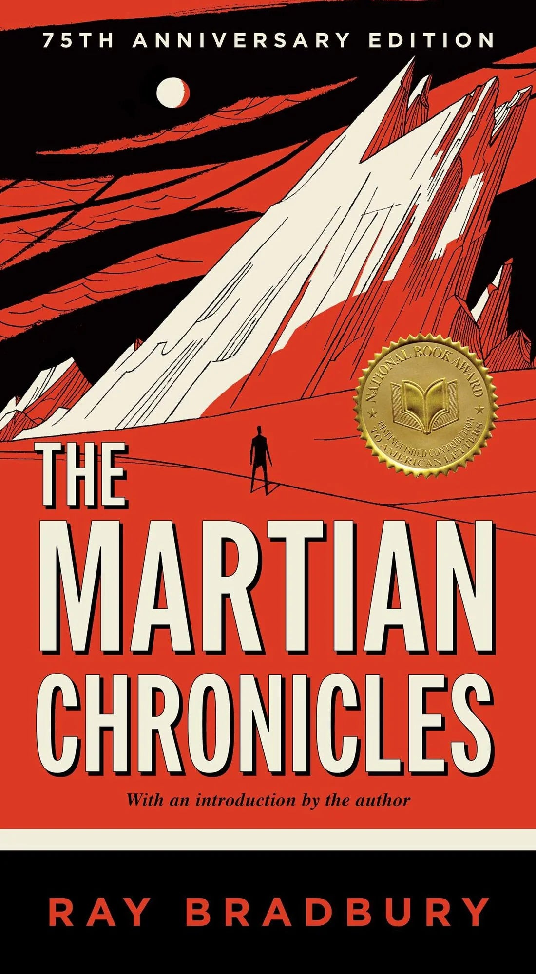 Book cover of 'The Martian Chronicles' with a red and black design and gold medal emblem.