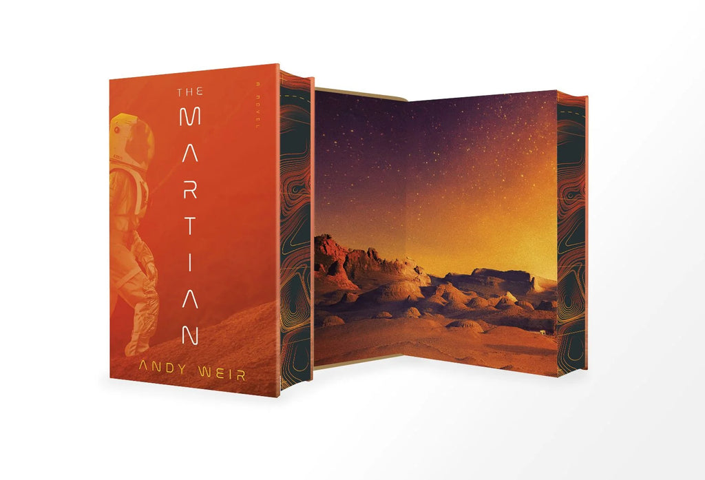 Book cover and decorative endpapers of 'The Martian' by Andy Weir.