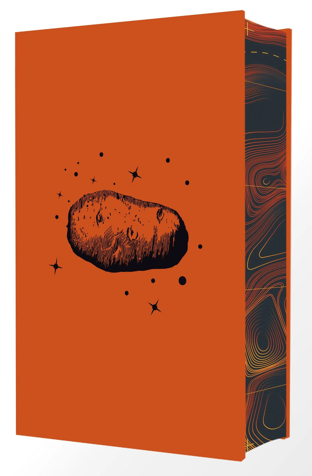 An orange hardcover book featuring a black illustration of a rock and stars on the cover, with a dark patterned spine showing orange and yellow wavy lines.